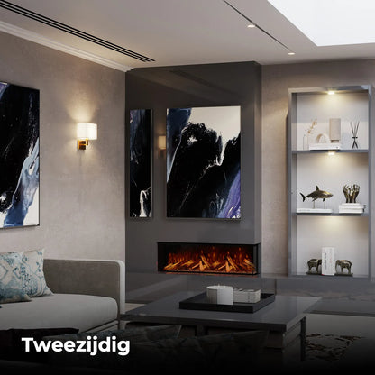 Moderne woonkamer met Fair Fires Tru Vizion Pano X 1250 haard, abstracte kunst en stijlvolle decoraties.