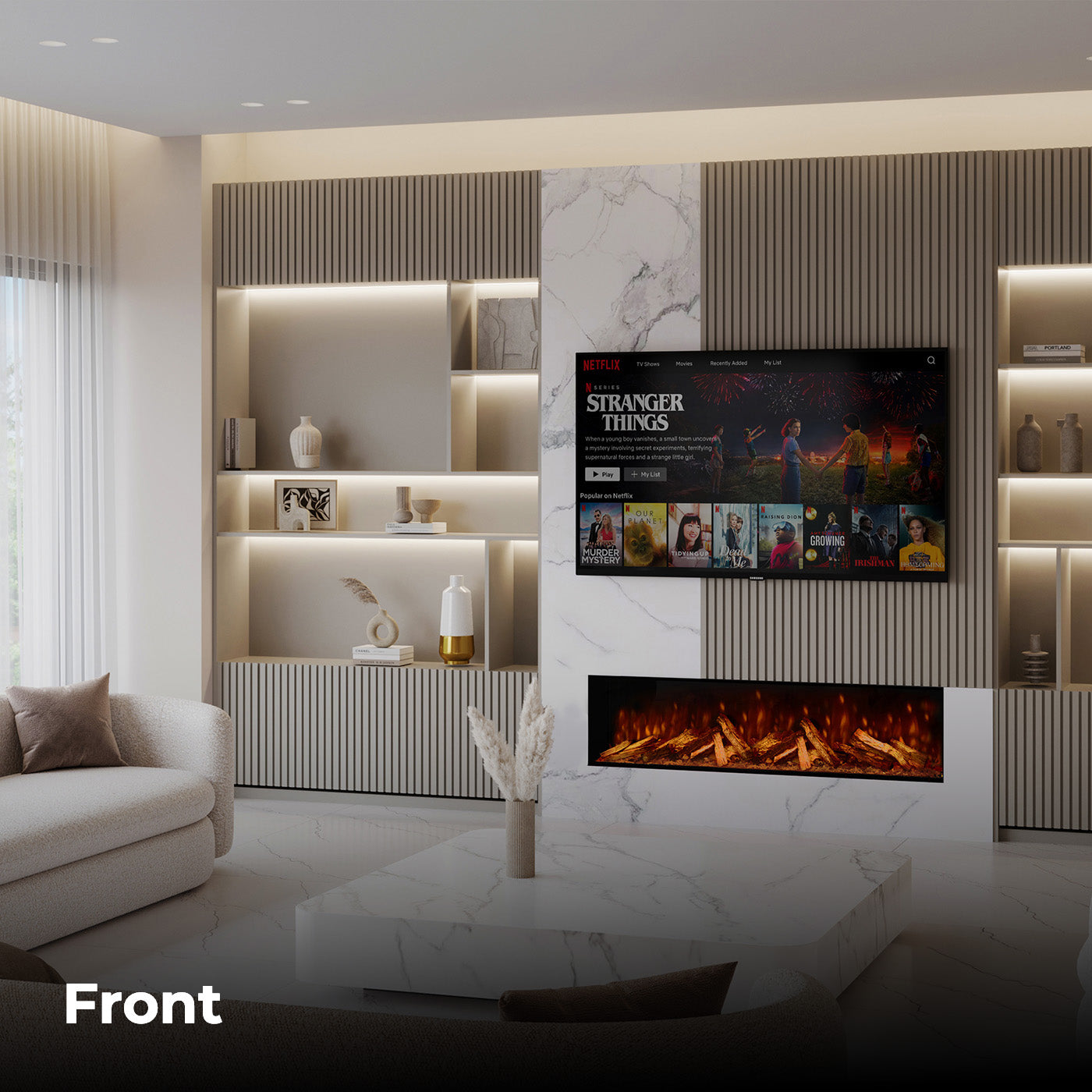 Fair Fires Tru Vizion Pano X 1500 ingebouwd in moderne woonkamer met tv en haardvlammen