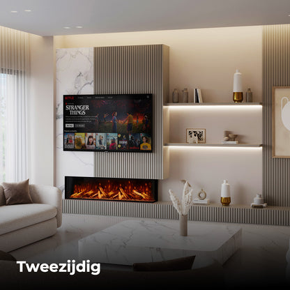 Fair Fires Tru Vizion Pano X 1500 in moderne woonkamer met tv en schouw