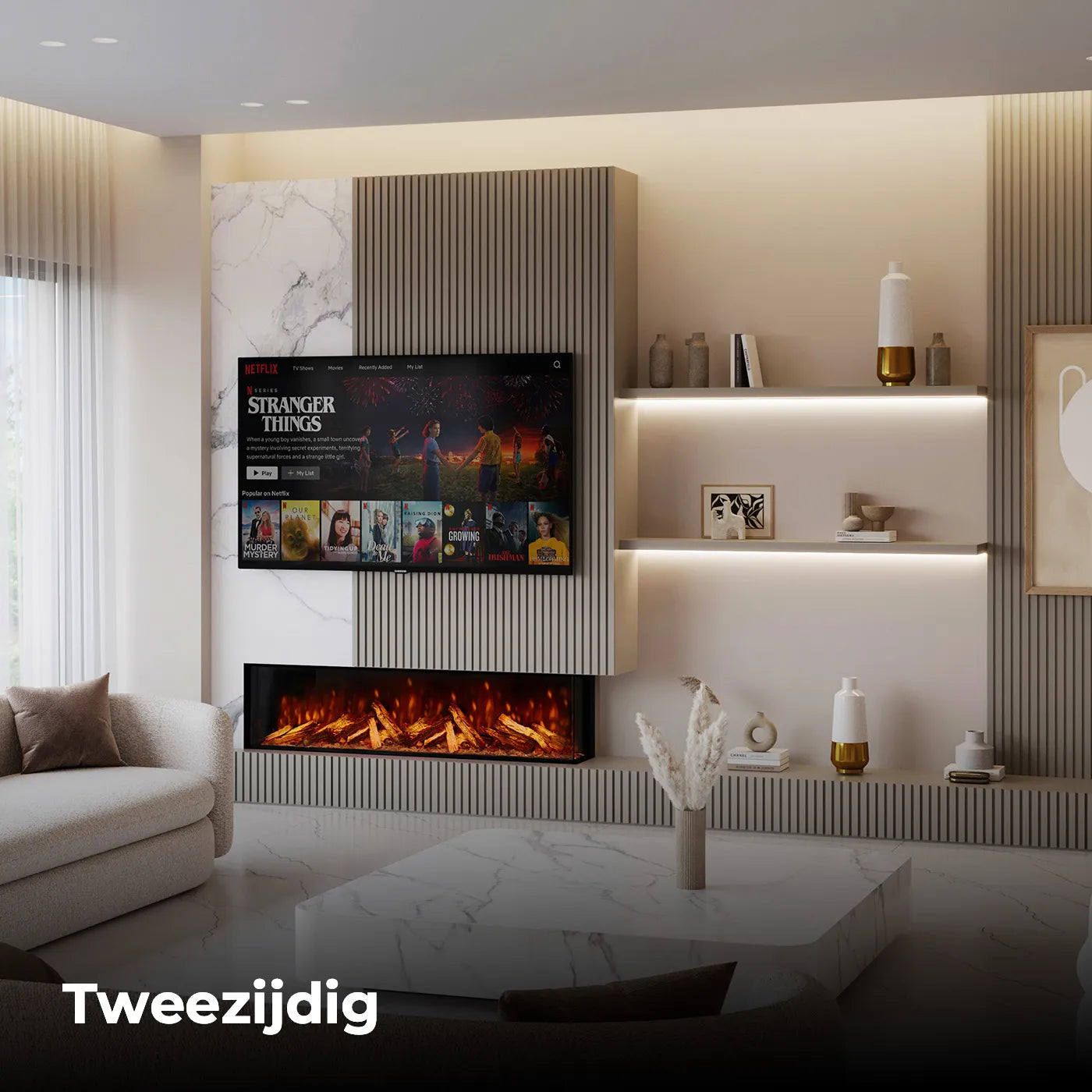 Moderne woonkamer met Fair Fires Tru Vizion Pano X 1500 haard onder een tv.