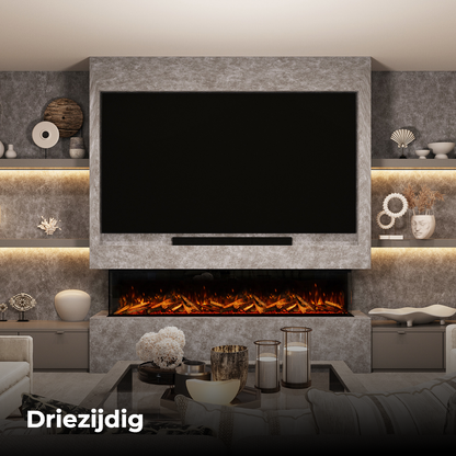Fair Fires Tru Vizion Pano X 2000 driezijdige haard in moderne woonkamer