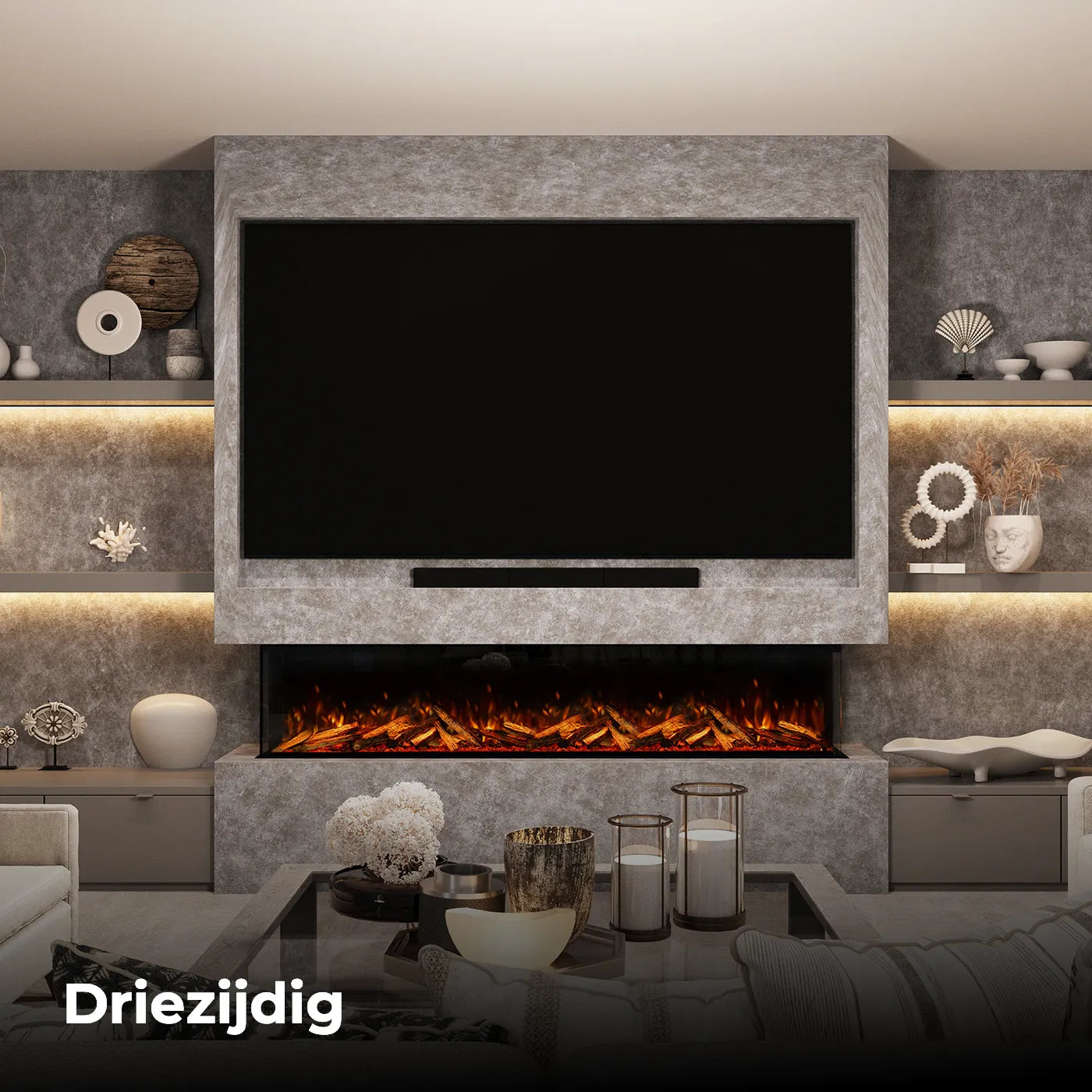 Moderne woonkamer met Fair Fires Tru Vizion Pano X 2000 haard onder een grote televisie.