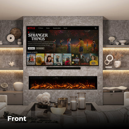 Fair Fires Tru Vizion Pano X 2000 ingebouwd in moderne woonkamer met vlammen