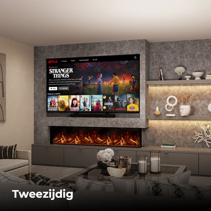 Fair Fires Tru Vizion Pano X 2000 in moderne woonkamer met brede haard en tv