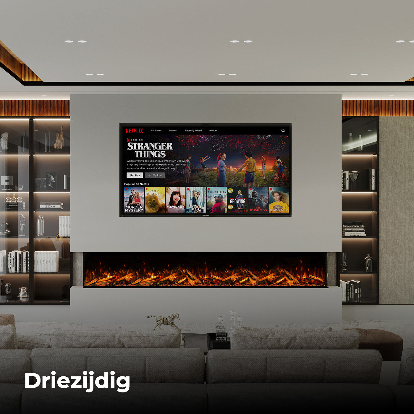 Fair Fires Tru Vizion Pano X 3000 in moderne woonkamer met tv en driezijdig vuurzicht
