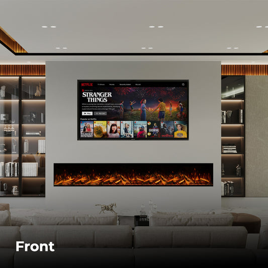 Fair Fires Tru Vizion Pano X 3000 in moderne woonkamer met brede vlammenhaard