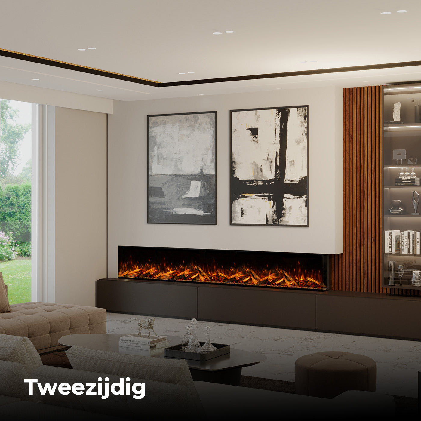 Fair Fires Tru Vizion Pano X 3000 in moderne woonkamer met haardvuur