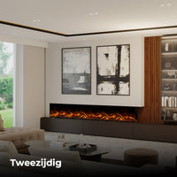 Fair Fires Tru Vizion Pano X 3000 in moderne woonkamer met haardvuur
