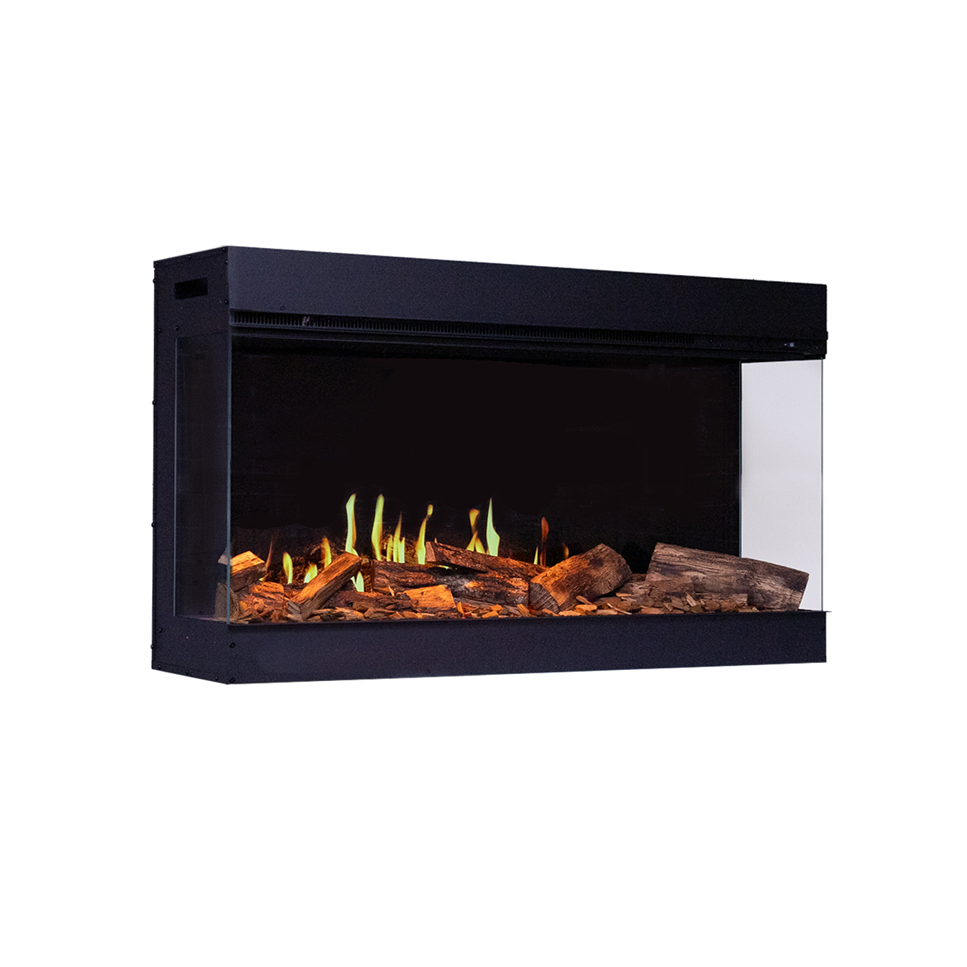 Fair Fires Solution TrueFlame 1000 LCD in zwarte inbouwhaard met vlammen en houtblokken