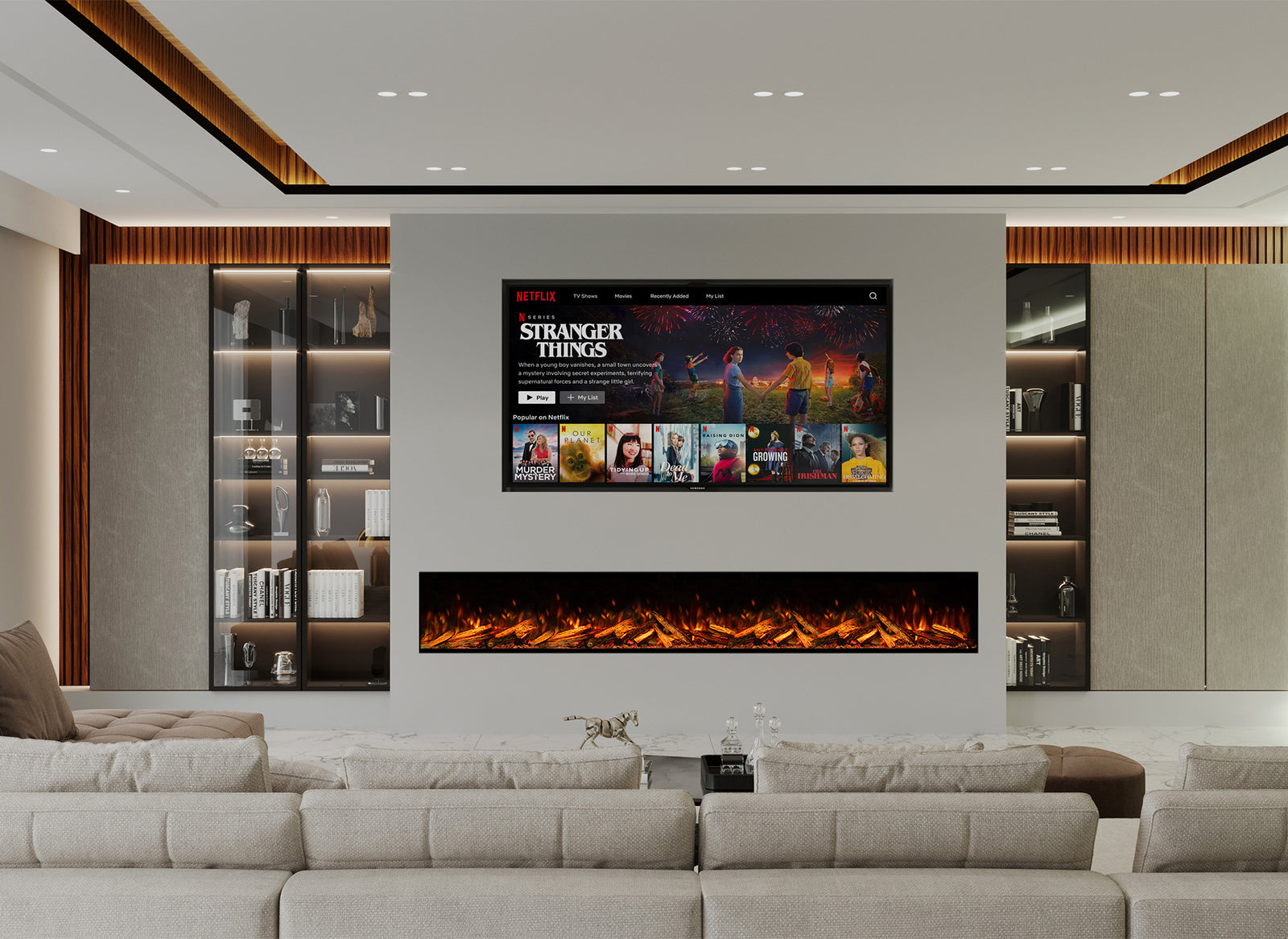 Fair Fires Tru Vizion Pano X 3000 in moderne woonkamer met tv en inbouwhaard