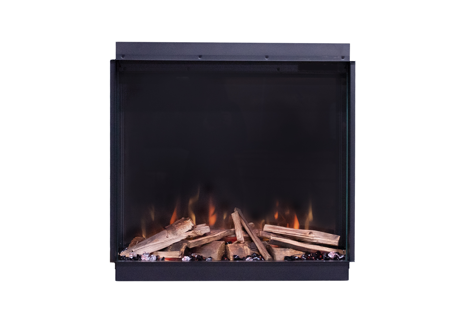 Fair Fires Tru Vizion Pano 700 inbouwhaard met houtblokken en vlammen
