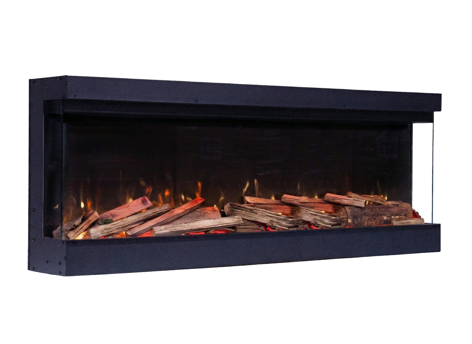 Fair Fires Tru Vizion Pano S 1300 in zwarte inbouwhaard met houtblokken en vlammen