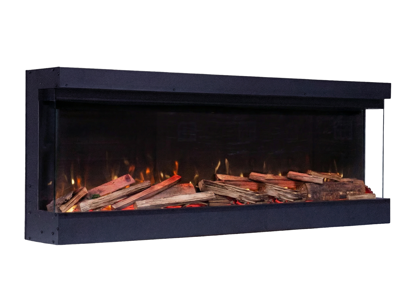 Fair Fires Tru Vizion Pano S 1300 in zwarte studio-opstelling met vlammen