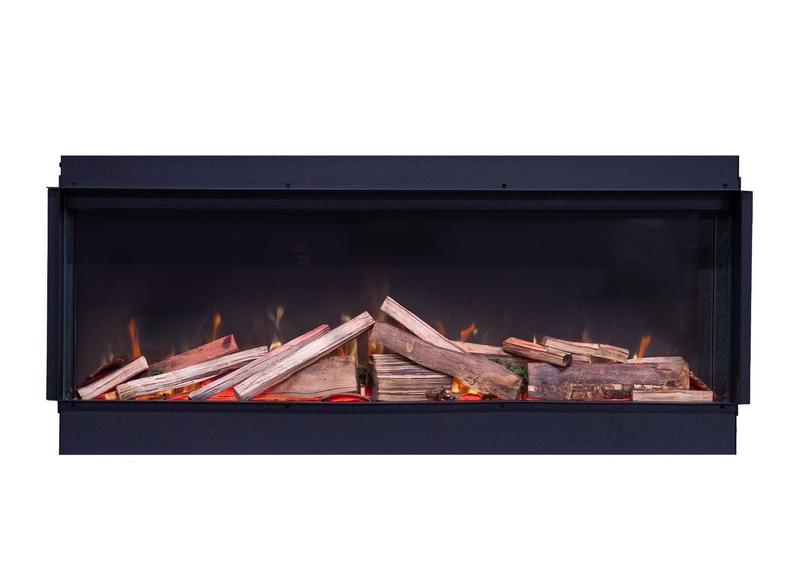 Fair Fires Tru Vizion Pano S 1300 in zwarte inbouwhaard met houtblokken en vlammen