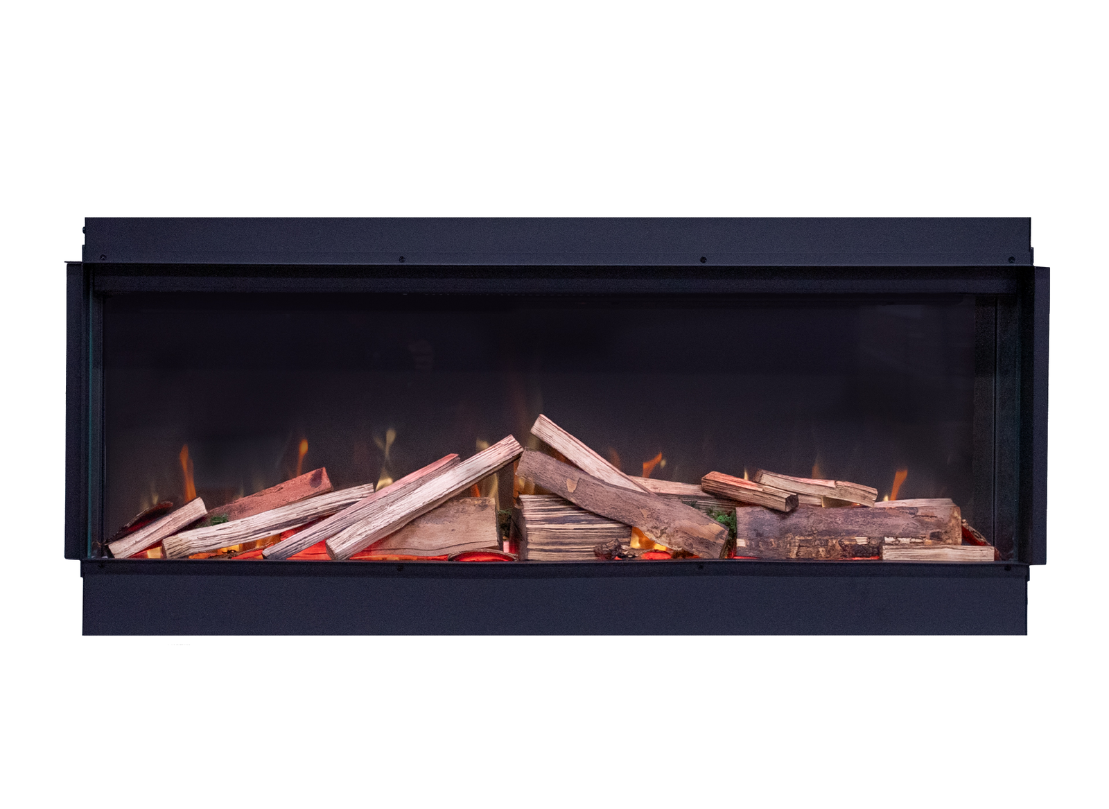 Fair Fires Tru Vizion Pano S 1300 inbouwhaard met houtblokken en vlammen