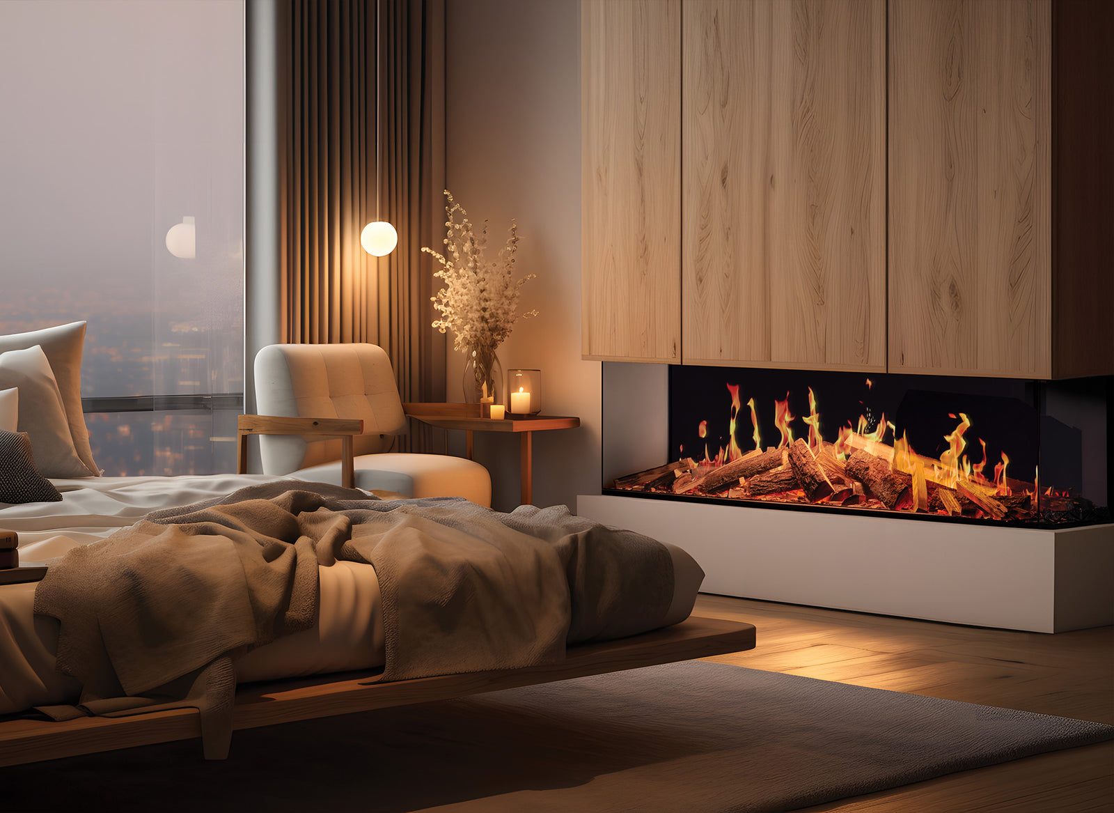 Fair Fires Solution TrueFlame 1500 LCD in sfeervolle slaapkamer met ingebouwde haard