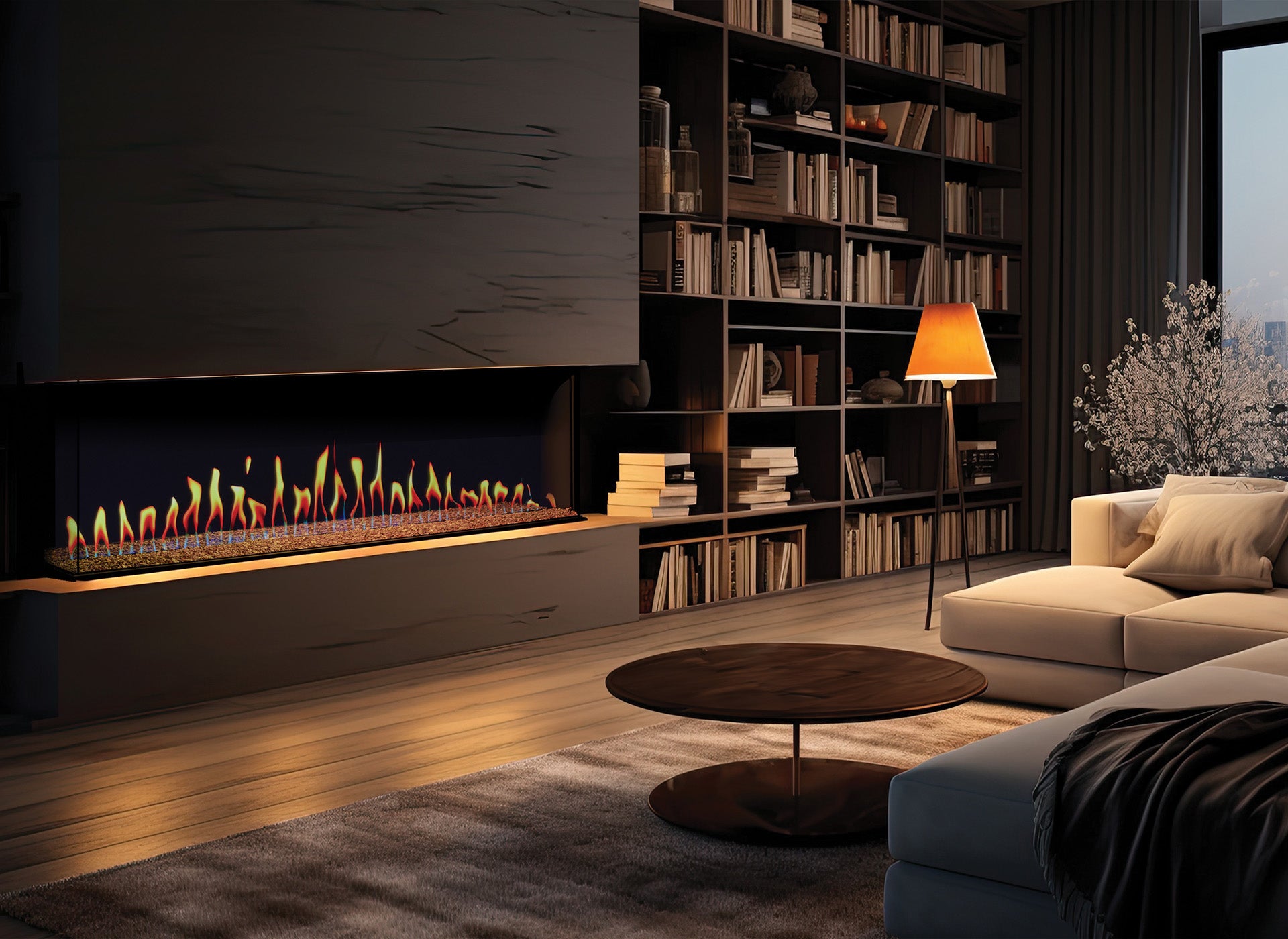 Fair Fires Solution TrueFlame 1500 LCD in moderne woonkamer met inbouwhaard
