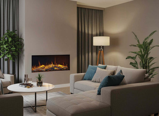 Fair Fires Solution Pure 1300 ingebouwde haard met vlammen in moderne woonkamer