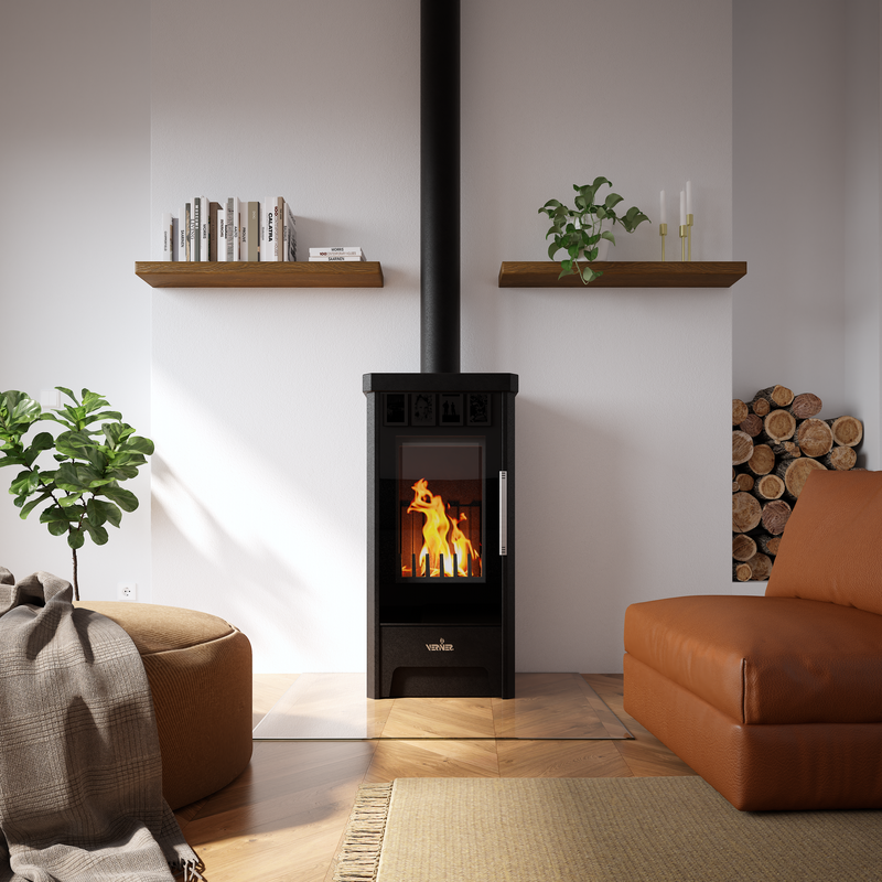 Verner 13/10.2 kachel in een moderne woonkamer met brandend vuur