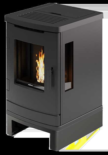 Nordic Fire Fenna houtkachel met vlammen, zwart, op witte achtergrond