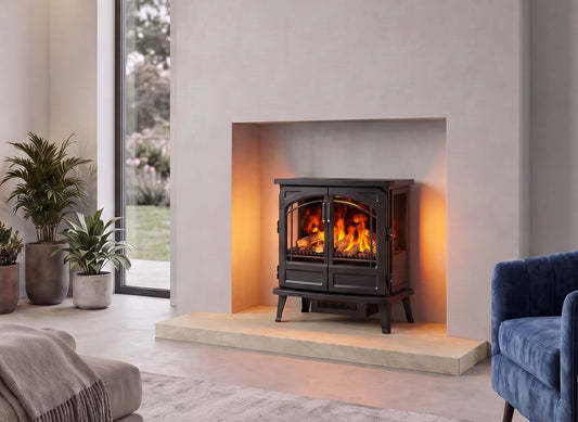Dimplex Fortrose kachel met vlammeneffect in een moderne woonkamer
