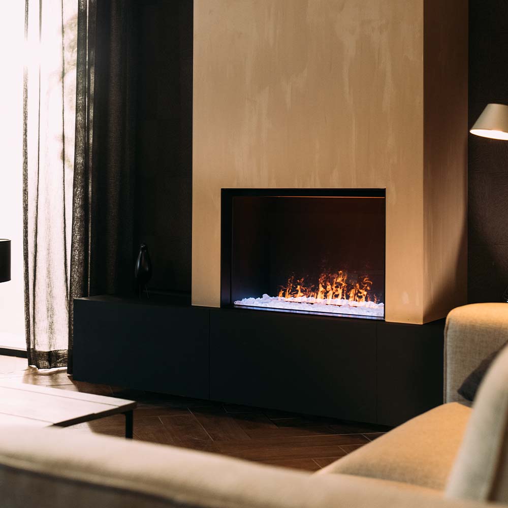 Faber e-MatriX Mood 800/500 I Front in moderne woonkamer met ingebouwde haard