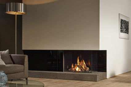 DRU Maestro 105/2 Eco Wave ingebouwd in moderne woonkamer met brandend vuur
