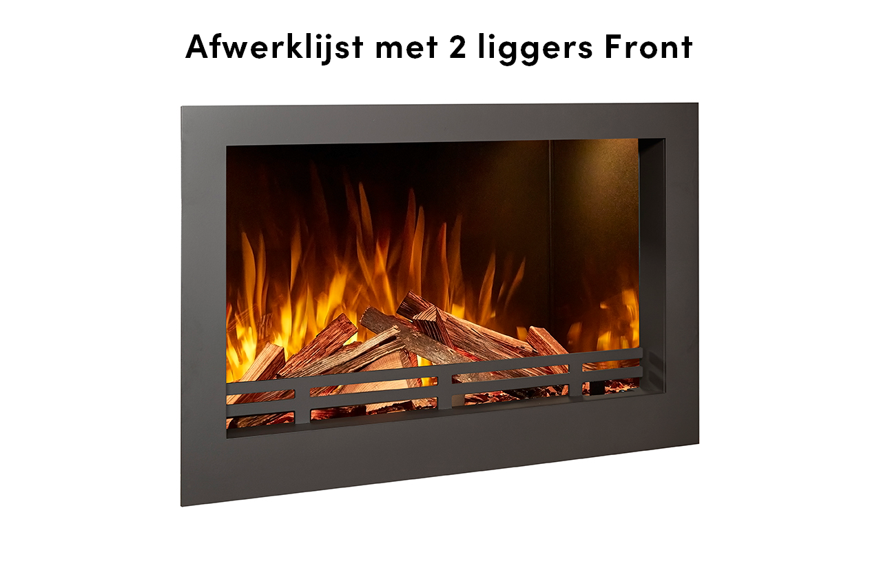 Fair Fires Tru Vizion Solution insert 650 Front met vlammen en houtblokken, afwerklijst met 2 liggers.