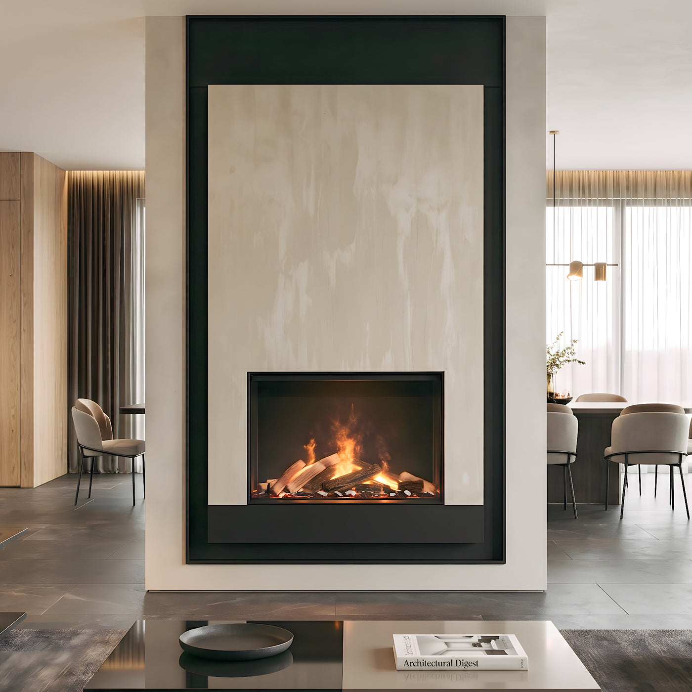 Dimplex e-MatriX 800/500 I Front in moderne woonkamer met ingebouwde haard en vlammen