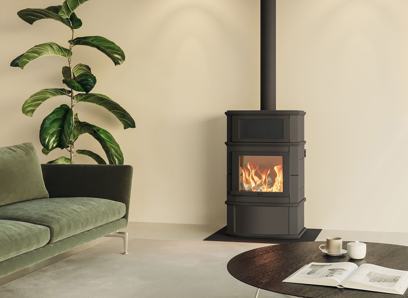 Altech Grande Nobles Complet Hybride-e in moderne woonkamer met brandend vuur