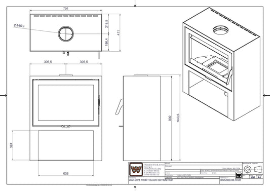 Technische tekening van Wanders WAN-2075 Black Edition High houtkachel met afmetingen en aanzichten.