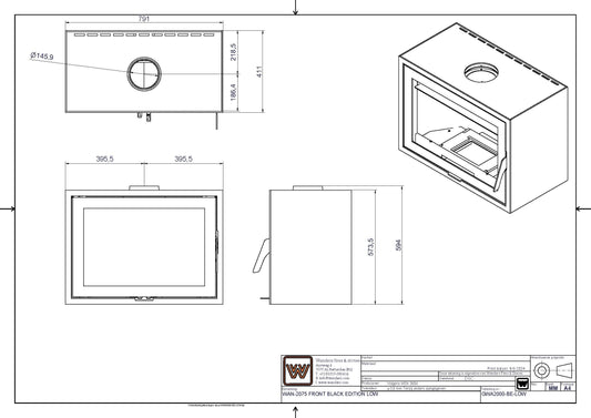 Technische tekening van Wanders WAN-2075 Black Edition Low met afmetingen en verschillende aanzichten.