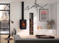 Hergom Glow hangend houtkachel in moderne woonkamer met brandend vuur