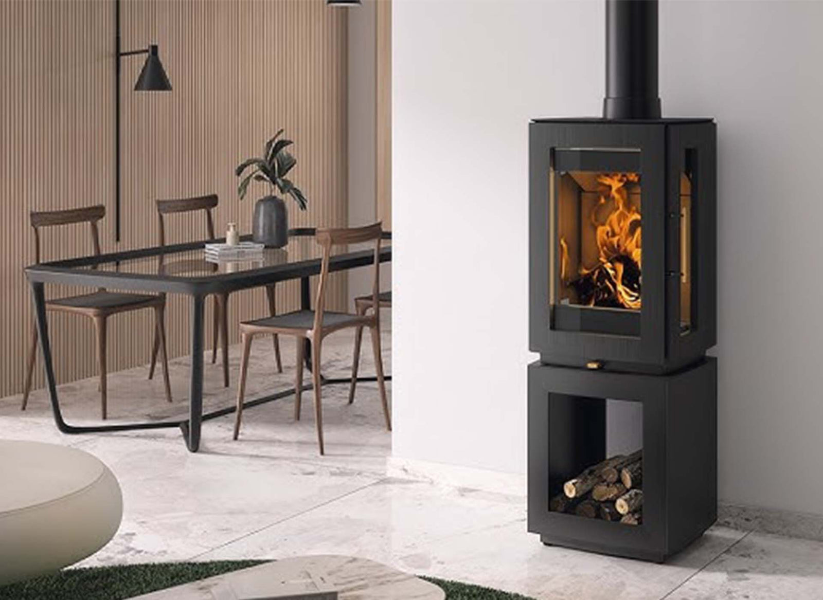 Hergom Glow houtkachel met houtvak in moderne eetkamer