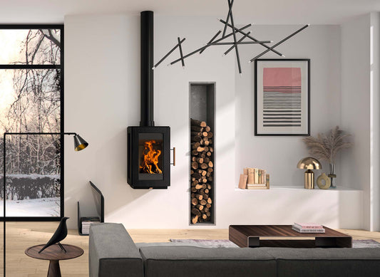 Hergom Glow hangend houtkachel in moderne woonkamer met brandend vuur
