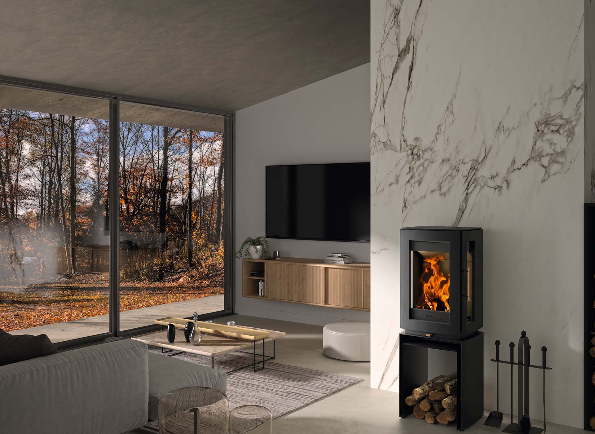 Hergom Glow met houtvak in moderne woonkamer met brandend vuur