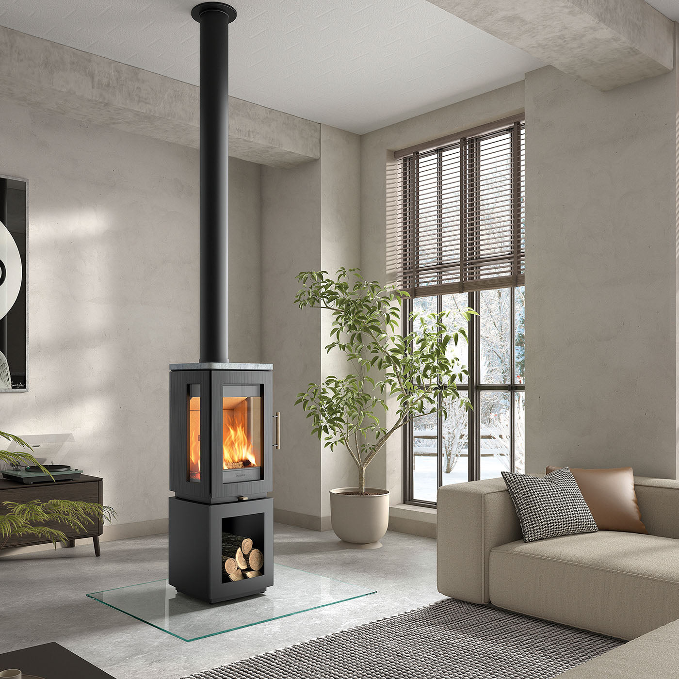 Hergom Glow met houtvak in moderne woonkamer met brandend vuur