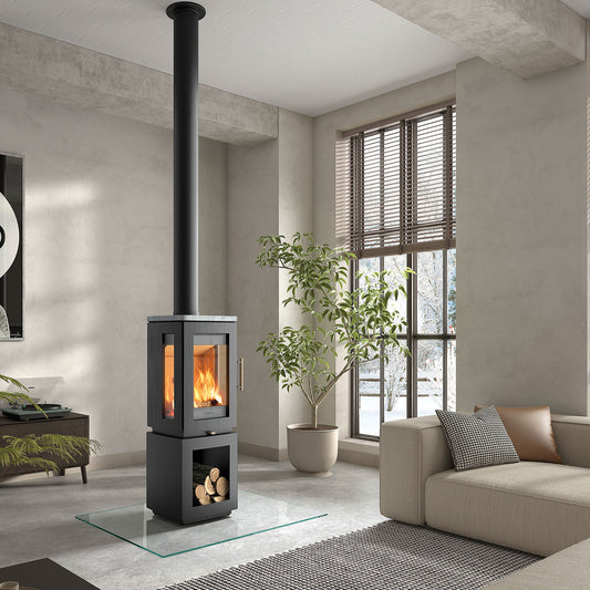 Hergom Glow met houtvak in moderne woonkamer met brandend vuur