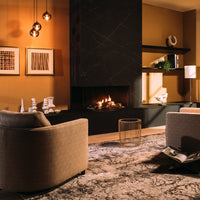 Faber Matrix Hybrid 800/500 II Hoek in moderne woonkamer met brandend haardvuur