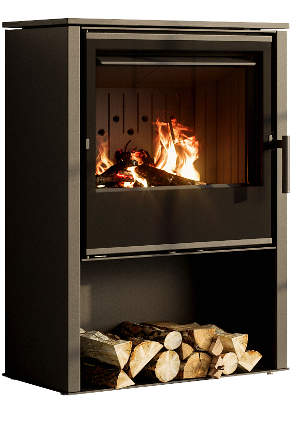 Nordic Fire Arden houtkachel met brandend vuur en houtopslag