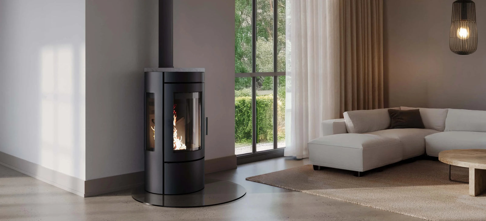 Nordic Fire Baldr 3-zijdig in moderne woonkamer met brandend vuur
