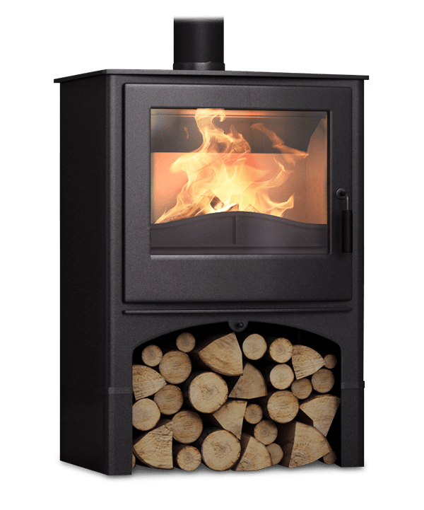 Nordic Fire Cottage houtkachel met brandend vuur en houtopslag