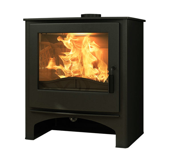 Nordic Fire Cottage houtkachel met brandend vuur op zwarte achtergrond