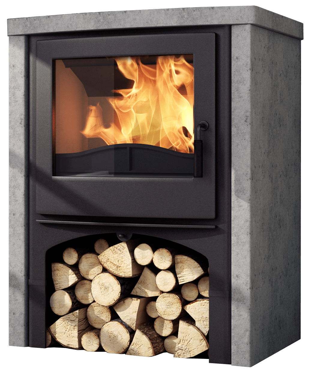 Nordic Fire Cottage kachel met brandend vuur en houtopslag