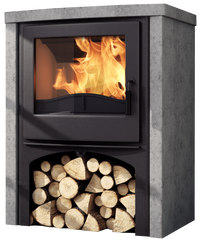 Nordic Fire Cottage kachel met brandend vuur en houtopslag