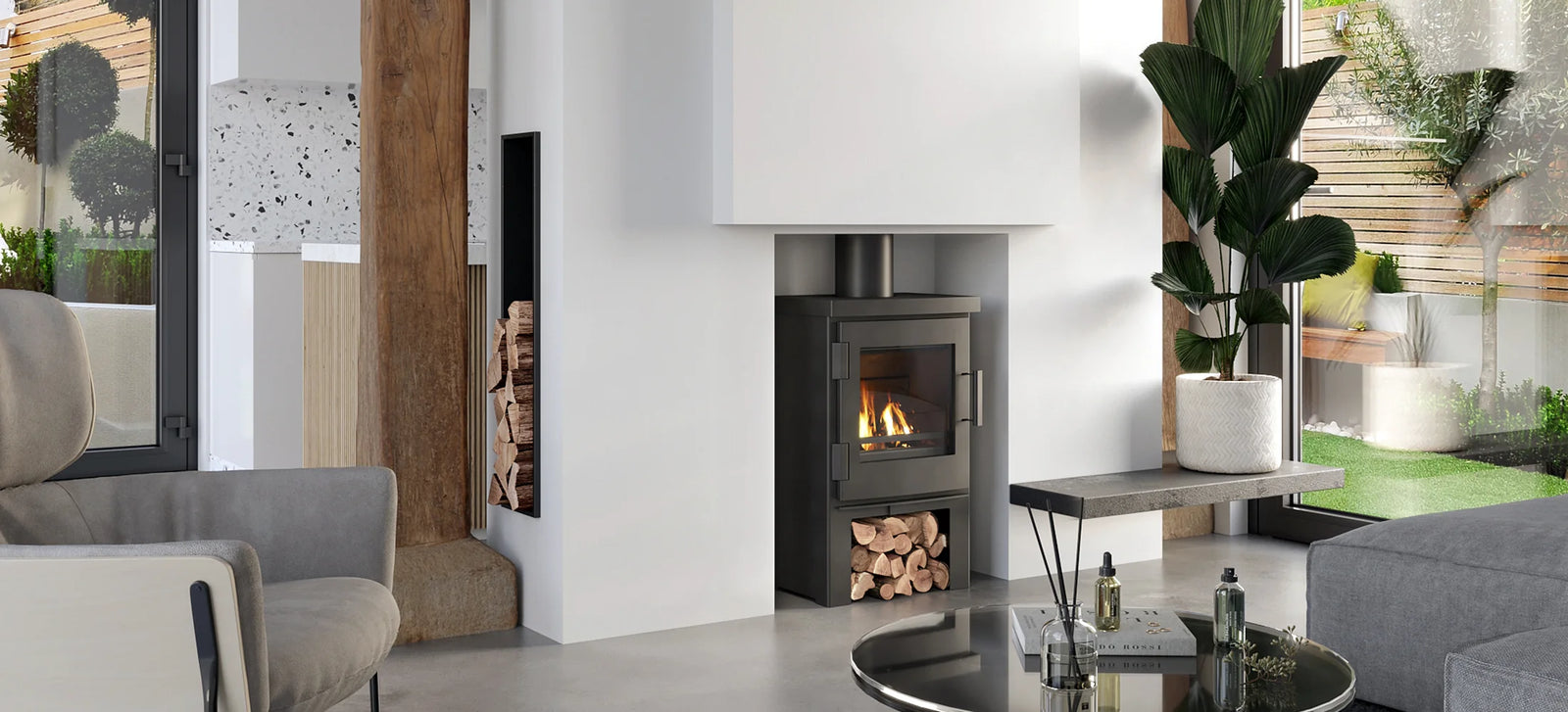 Nordic Fire Fjord 2 houtkachel in moderne woonkamer met brandend vuur