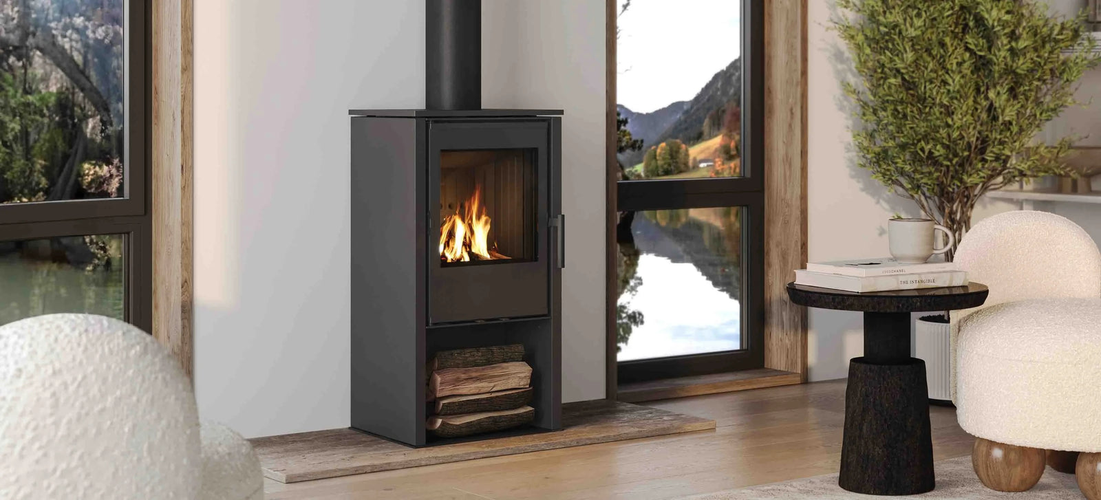 Nordic Fire Kjeld kachel in moderne woonkamer met brandend vuur
