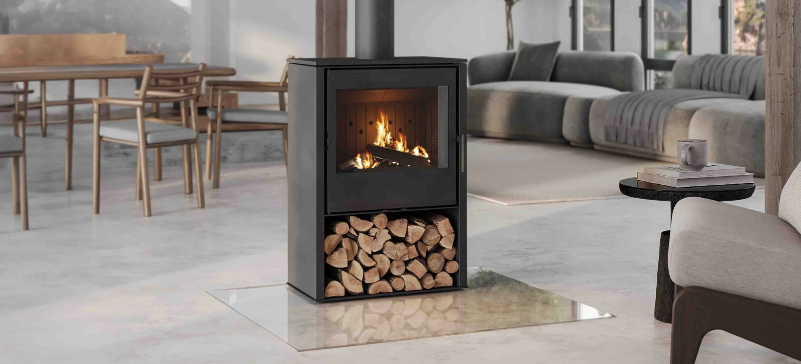 Nordic Fire Stein haardkachel in moderne woonkamer met brandend vuur