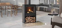 Nordic Fire Stein haardkachel in moderne woonkamer met brandend vuur