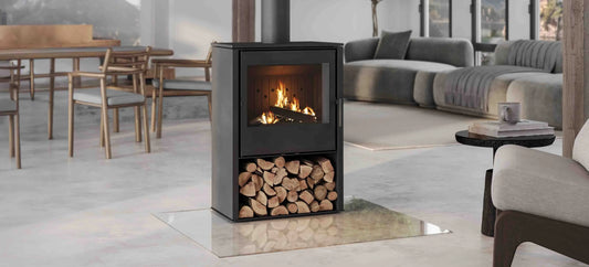 Nordic Fire Stein haardkachel in moderne woonkamer met brandend vuur